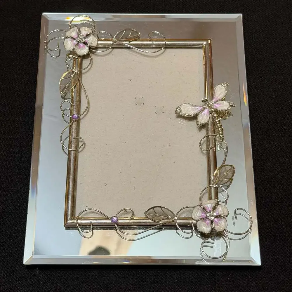 Vintage Style Mirrored Photo Frame with Enamel Dragonfly and Floral Accents